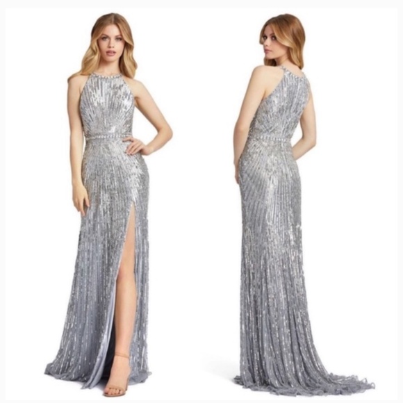 Mac Duggal Platinum Sequined Halter Neck A Line Gown style 4963 Size 4 - Picture 1 of 5
